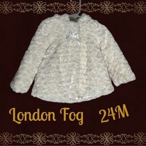 LONDON Fog Girl White Rosette Faux Fur Jacket 12 Month Coat Zipper Button Hooded